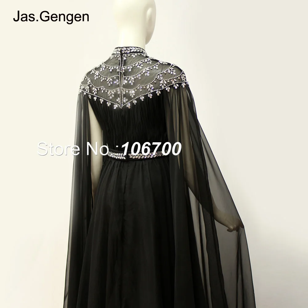 Arabian Style Crystal Beading Evening Dresses Full Length Sleeve Black Illusion High Neck Chiffon Prom Gown 1122