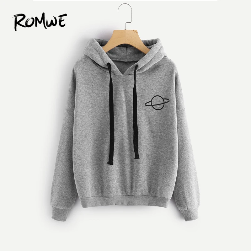 

ROMWE Drawstring Planet Print Drop Shoulder Hoodie Women Spring Grey Pullovers Autumn Casual Hooded Full Sleeve Sweatshirt