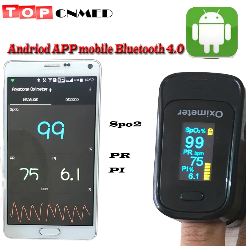 Andriod мобильного Bluetooth 4,0 пульсоксиметр FDA CE SPO2 PR PI перфузии индекс насыщенность звуковой сигнал тревоги OLED Яркость отрегулировать