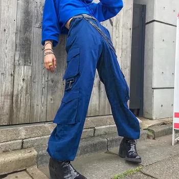 

YYXZ Fashion Cute Loose Solid Color Pockets Elastic Waist SML Woman Casual Cargo Pants Lady Trousers Streetwear 2 Colors