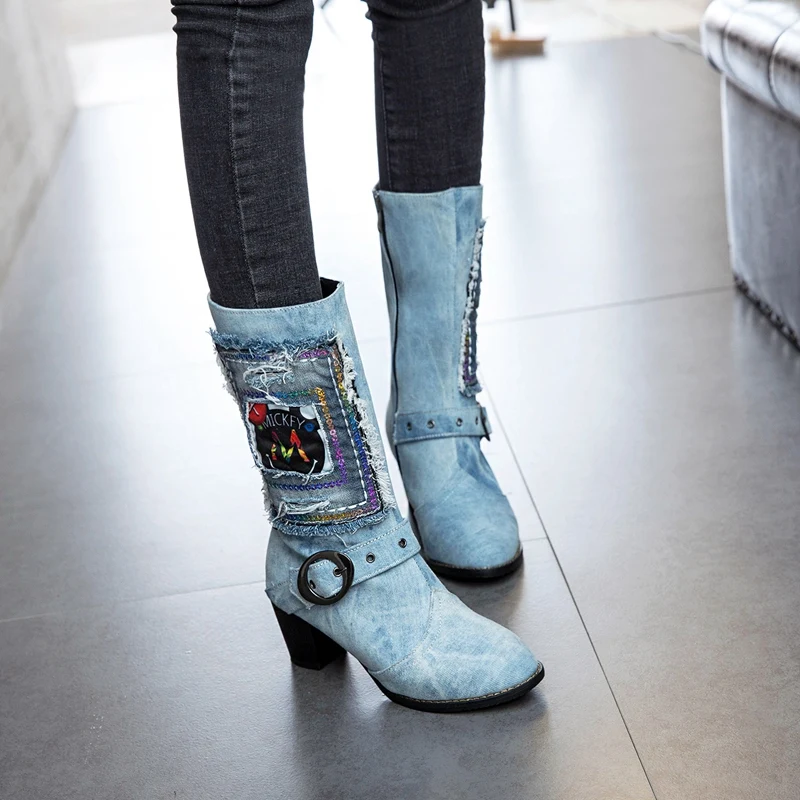 ASILETO/джинсовые укороченные джинсы средней высоты; женские ковбойские ботинки синего цвета на молнии с пряжкой на высоком каблуке; сезон осень-зима; женские повседневные ботинки с круглым носком