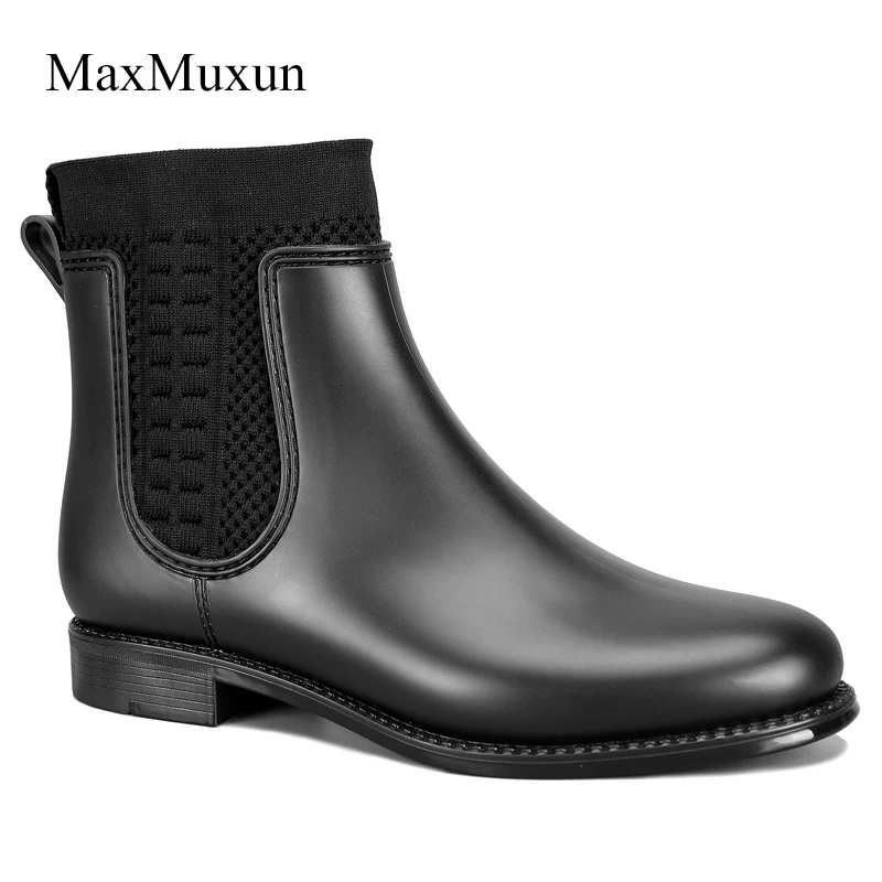 

MaxMuxun Rain Boots Ankle Boots Waterproof Elastic Strap Woman Chelsea Rain Shoes