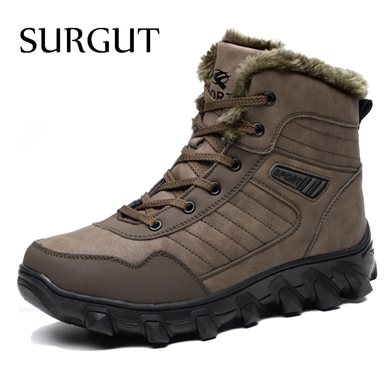 Baratos Marca SURGUT otoño invierno cálido piel hombres cómodos zapatos de trabajo botas altas de nieve zapatillas de cuero genuino tamaño grande 39 ~ 48