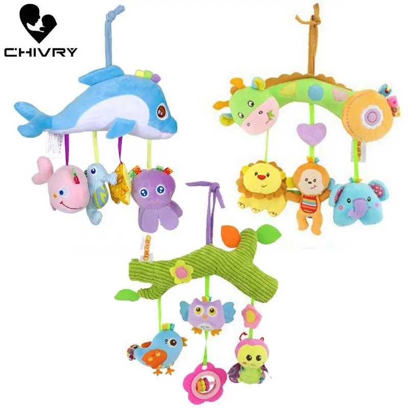 

Baby Comforts Cartoon Animal Dolphin Giraffe Plush Stuffed Rattles Bed Toy Baby Plush Dolls Around The Bed Toys with Teether