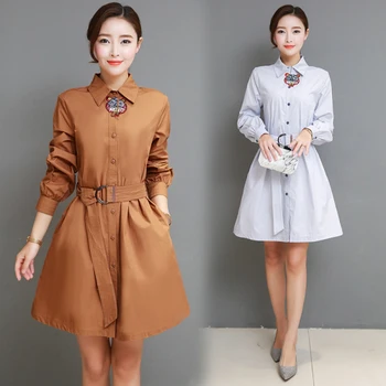 

2018 Autumn New Thin Wild Women Dress Long Sleeved Embroidery Sashes Shirt Dress Temperament Dress Elegant Brief Chic Vestidos