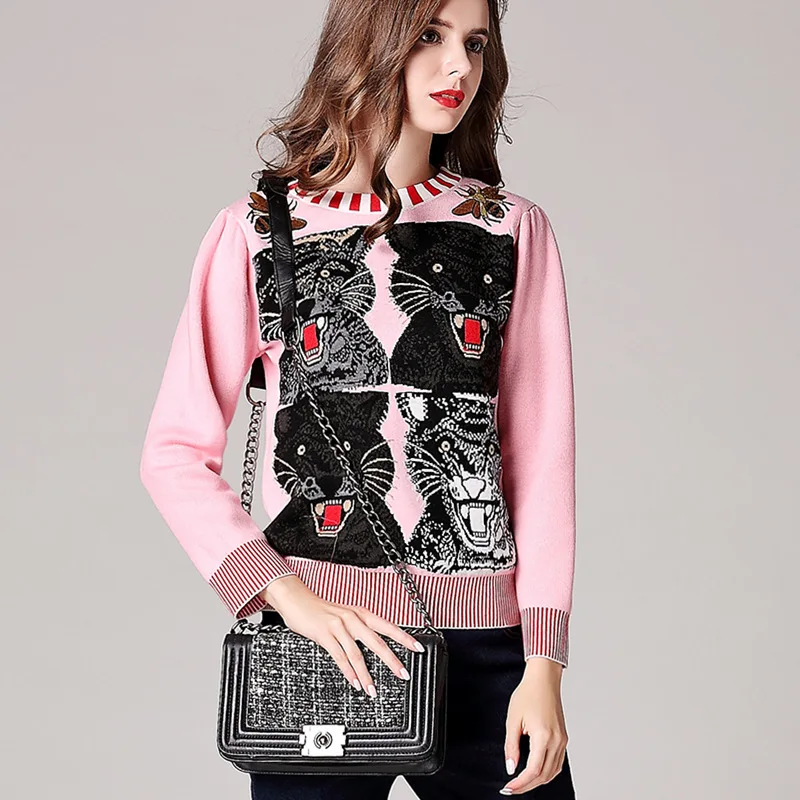 

2019 Spring New Tiger Head Leopard Knitted Sweater Embroidery Blend Top Women's Wear Pullover Sweater Women