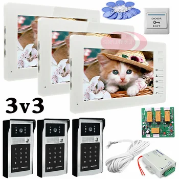 

Apartment 3 Doors HD 700lines Cameras Password And RFID Cards Unlock 3 Color 7" Monitors Video Intercom System Bells Door phones