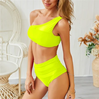 

Solid Color One Shoulder Bikini 2020 Mujer Women High Waist Fluo Green Swimsuit Two Pieces Bandeau Bathing Suit Summer Beachwear