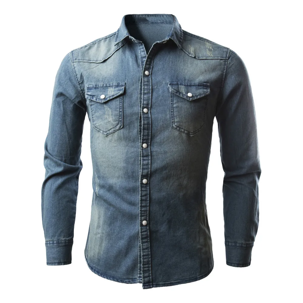 

CHAMSGEND Men's Shirts Retro Denim Shirt Cowboy Blouse Slim Thin Long Tops Drop Shipping 1M27&*