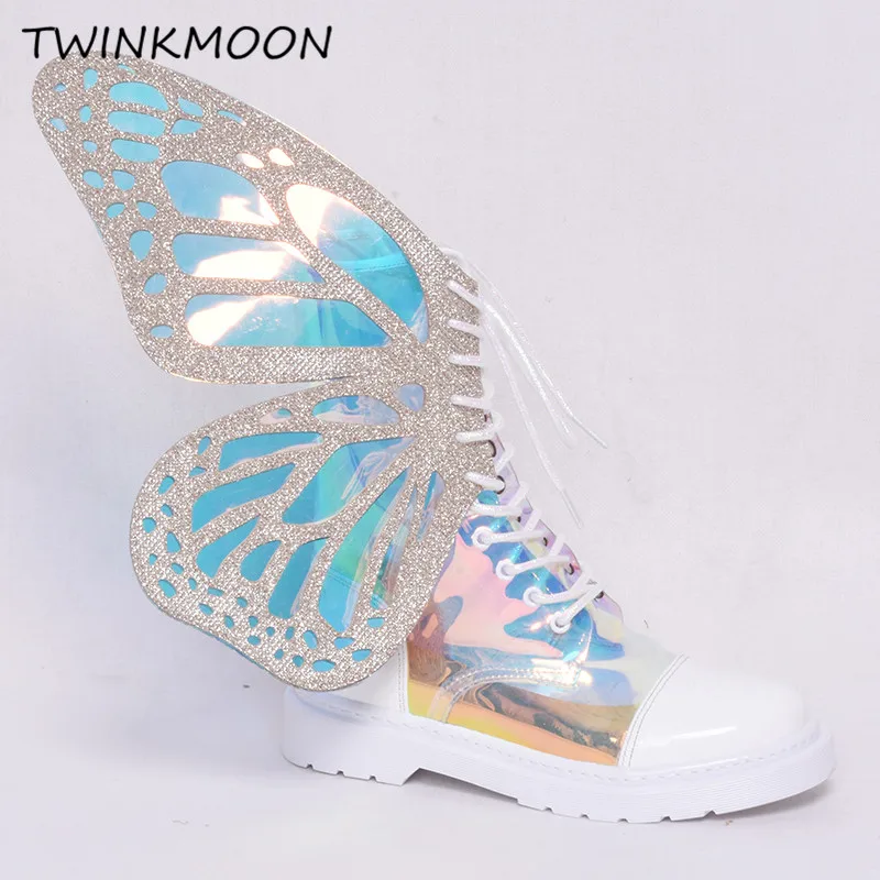 Butterfly Wing Boot Handmade Mirror Suquined Women Flat Boots 3D Angel Wings Lady Shoes Holographic Metallic Lace Up Ankle Boots