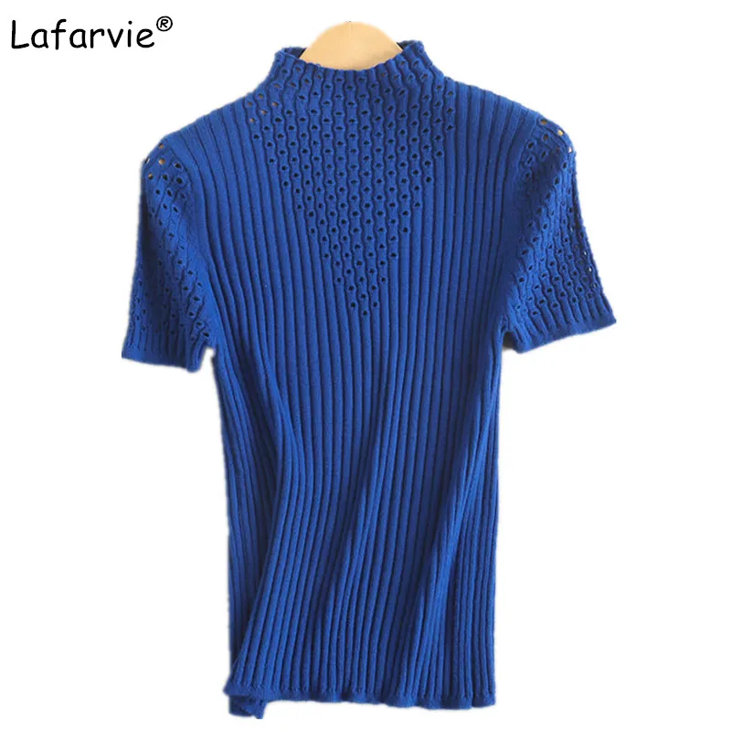 

Lafarvie Spring Summer Slim Hollow Out Knitted Cashmere Sweater Women Short Sleeve Half Turtleneck Pullover Bottoming T-shirt