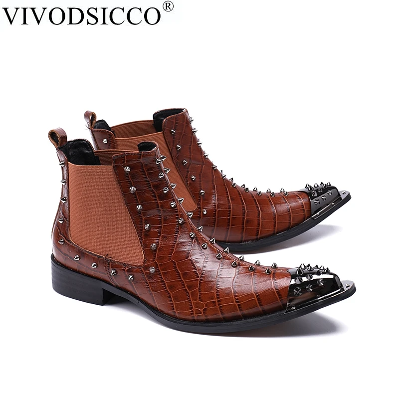 VIVODSICCO/мужские ботильоны из натуральной кожи с крокодиловой текстурой и острым носком; модные классические деловые и официальные ботильоны с заклепками; мужская обувь