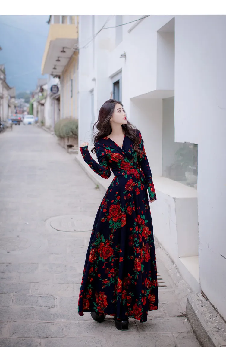 Stylish V-neck Long Sleeve Tie-waist Big Hem Print Dress (5)