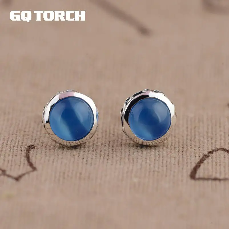 

GQTORCH 925 Sterling Silver Elegant Stud Earrings For Women Inlaid Blue Chalcedony Natural Gemstone Antique Simple Round Design