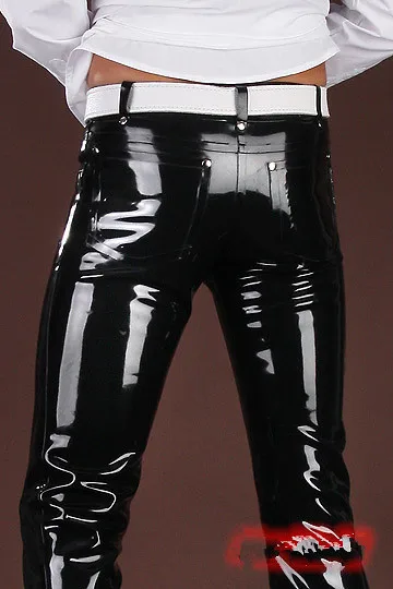 Sexy Fetish Black Mens Latex Pants Rubber Jeans Underwear with Two Pockets Belt