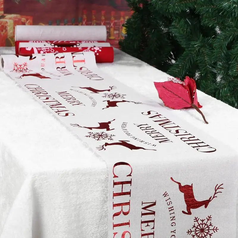 

Cotton Linen Christmas Table Runner Tablecloth Xmas New Year Santa Deer Table Mat Decorations for Home Dinning Table 270*28cm