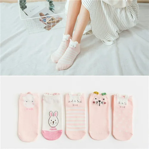 5 Pairs Women Cotton Socks Cute Animal Ankle Socks Cat Dog Summer Short Socks Girls Red Heart Kawaii Ear Funny Low Boat Socks - Цвет: 18