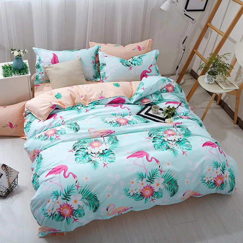 

Flamingo Animal Cartoon Printing Bedding Set Flower Bed Linen 4pcs/set Duvet Cover Set Pastoral Bed Sheet AB Side Duvet Cover