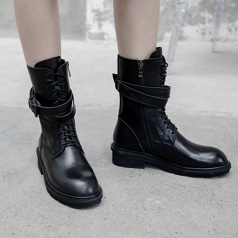 ISNOM/мотоциклетные ботинки женская военная обувь до середины икры обувь с квадратным носком женская повседневная обувь на толстом каблуке Женская обувь осень