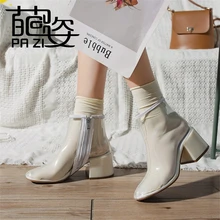Shoes Women NEW Transparent Clear Lucite Block High Heels Women's Fashion Ankle Boot Round Toe Plastic Ladies Martin Boots