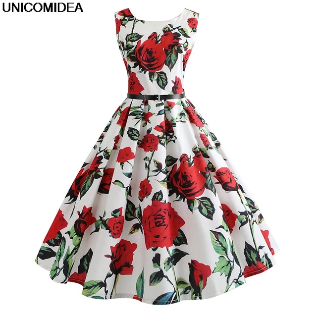 Summer Dress 2018 Vintage Rockabilly Dress Jurken 60s 50s Retro Big Swing Floral Rose Formal Audrey Hepburn Women Dress Vestidos