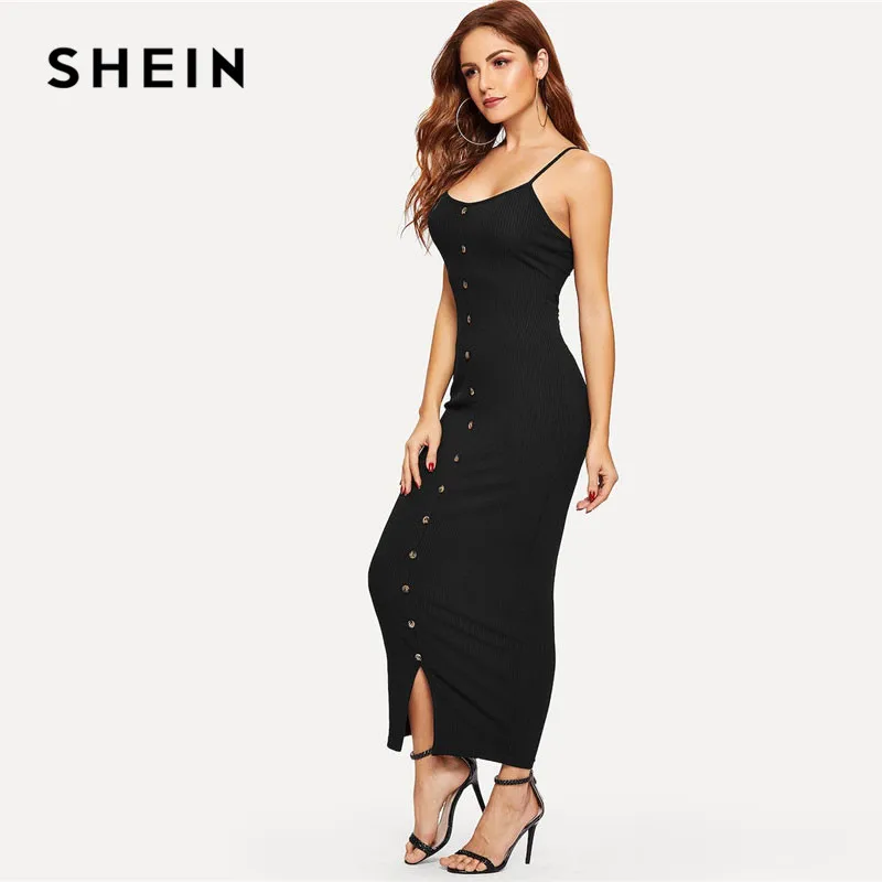 SHEIN Вязаное Облегающее Платье С Разрезом И Пуговицами Женское Осеннее Черное