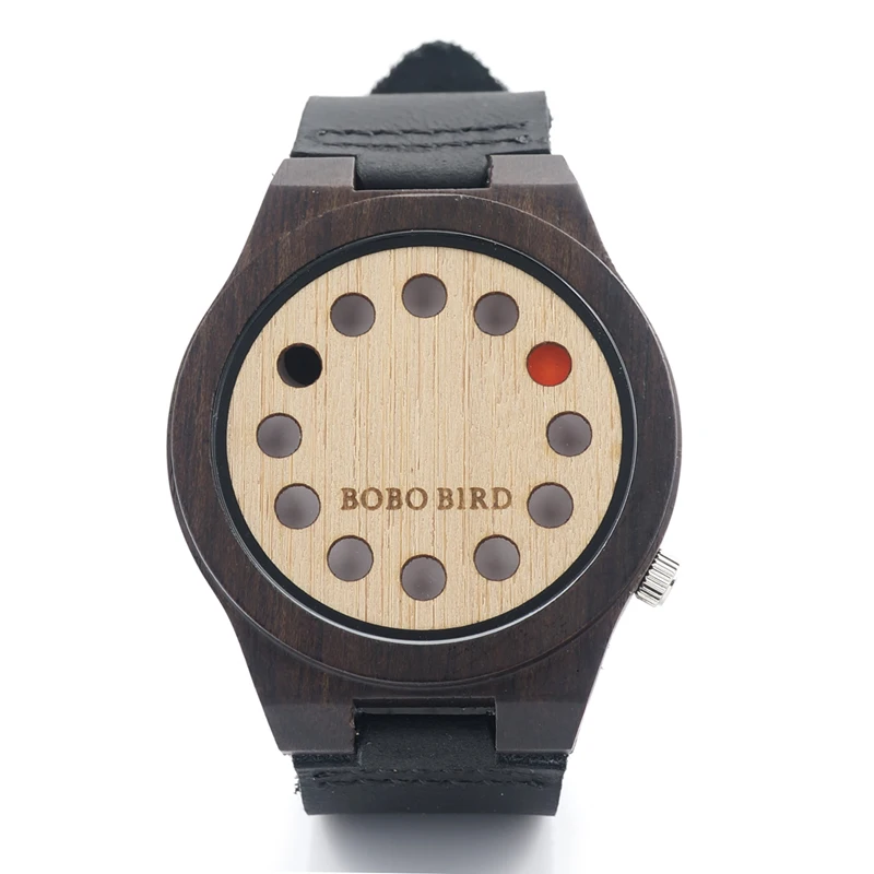 ФОТО BOBO BIRD B17 Mens Watches Top Brand Luxury Black Sandal Bamboo Wooden Cool 12 Holes Quartz Watches With White Real Leather Band