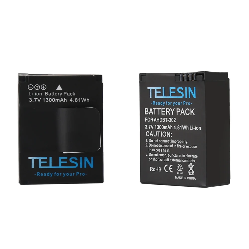 TELESIN Li-ion Battery Pack 3.7V AKKU AHDBT-302 Replacement Back Up Battery for GoPro Hero 3, Hero 3+ Plus Accessories