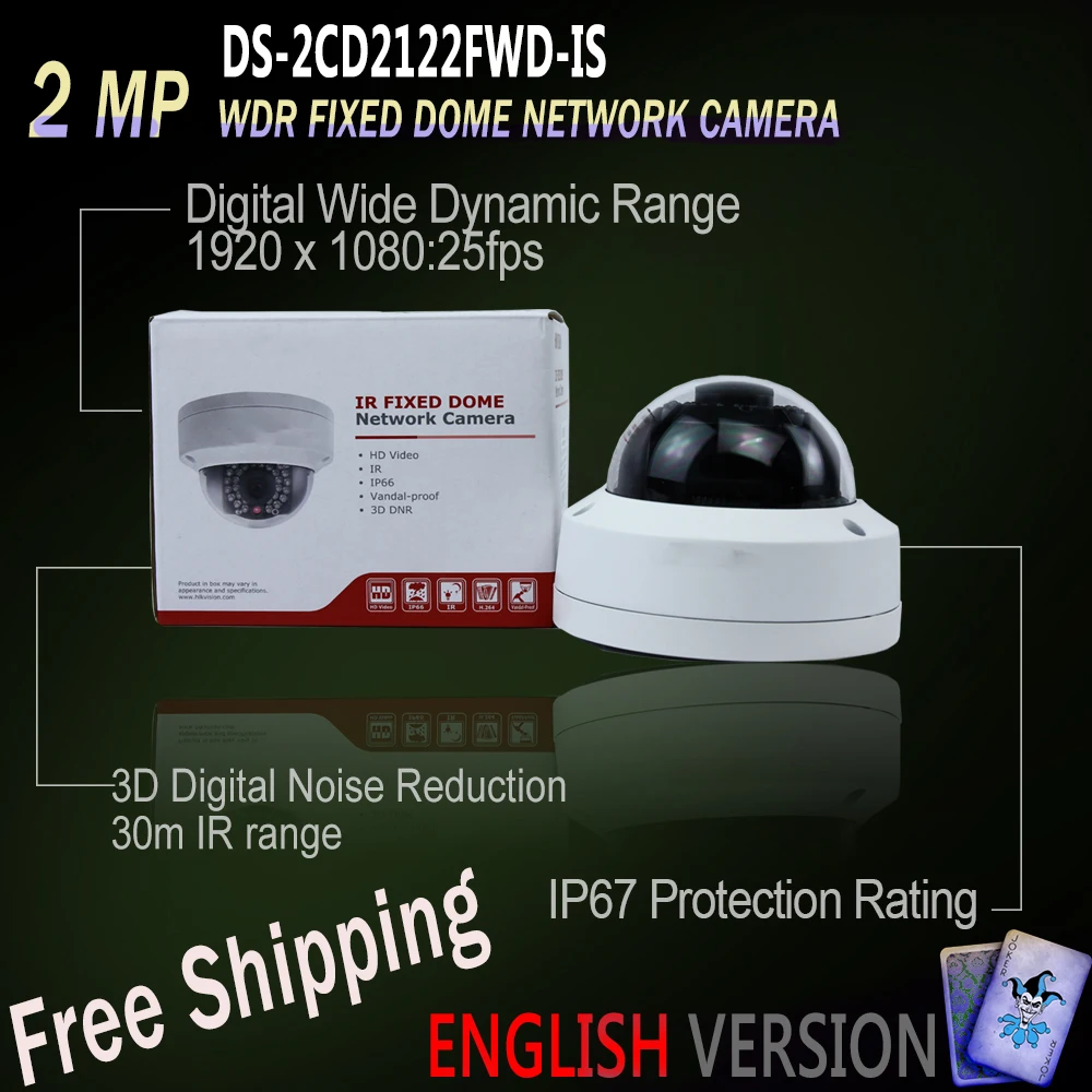 

Free Shipping DS-2CD2122FWD-IS Original English Oversea Version IP housing 2MP WDR Fixed Dome Network Camera POE security 30m IR