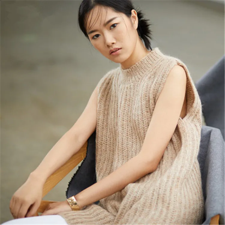  new arrival 100%hand made wool Oneck knit women streetwear solid open hem loose vest sweater one&ov