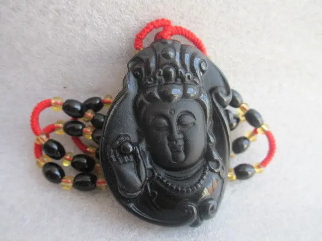 

pure natural obsidian Shi Yu hand-carved guanyin pendant/appraisal certificate