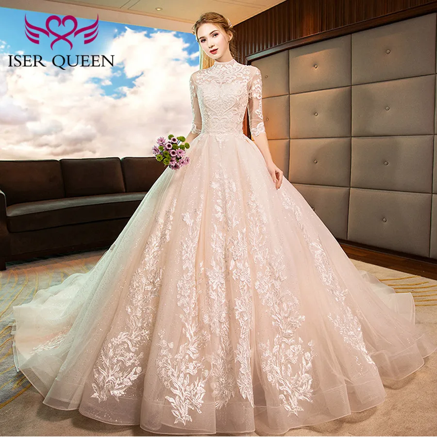 

High Neckline Vintage Half Sleeves Fancy Lace Embroidery Wedding dress 2020 Backless Hollow Ball Gown Bride Dress WX0160