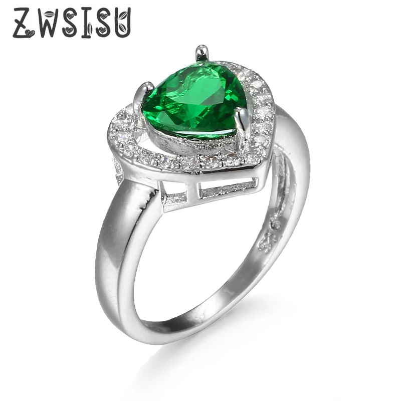 ZWSISU Wholesale luxury Jewelry shinning heart green Australia CZ Silver Ring Size 7 8 9 10 Fashion Women Gift Free Shipping | Украшения и