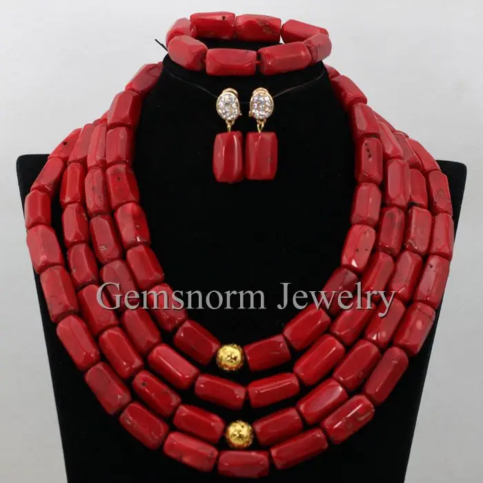 

Natural Red Coral Wedding NecklaceSet African Big Size Coral Beads Bridal Jewelry Set for Nigerian Wedding Free Shipping CNR403