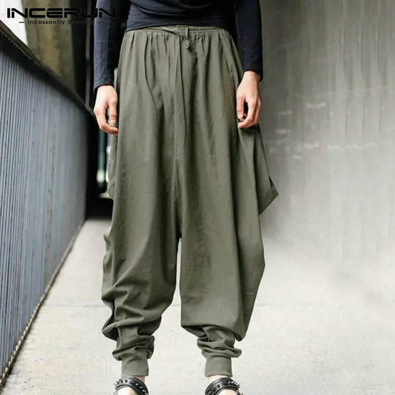 

New 2019 Men Harem Cotton Pants Wide Leg Cross-pants Baggy Pants Casual Loose Trousers Men Crotch Pants
