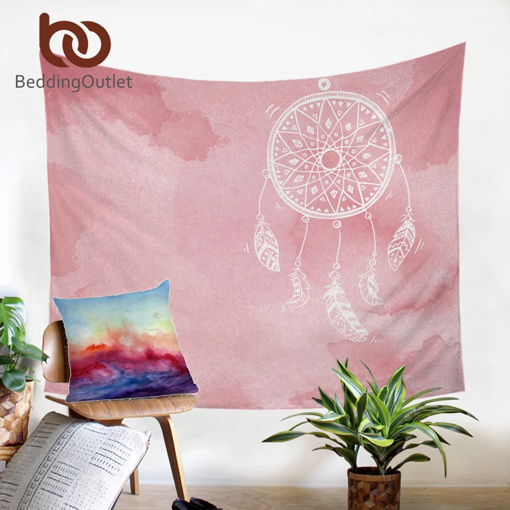 

BeddingOutlet Watercolor Dreamcatcher Tapestry Feathers Pink Wall Hanging Boho Art Carpet Decorative Tapestry for Girls 2 Sizes