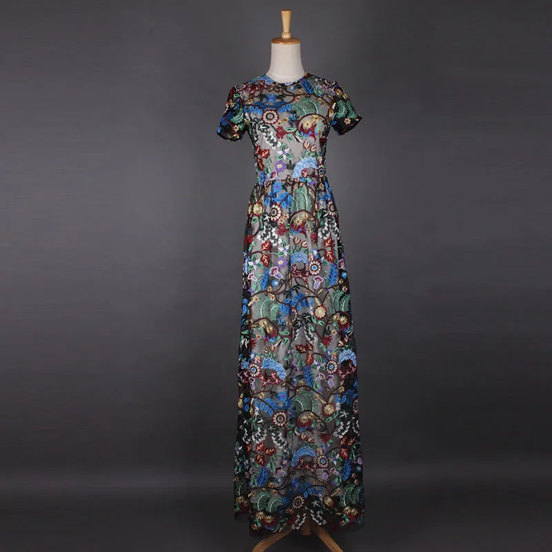 

2017 High Quality Fashion Newest Spring And Summer Luxury Ink Painting Flowers Embroidery Elegant O-Neck Floor-Length Dress