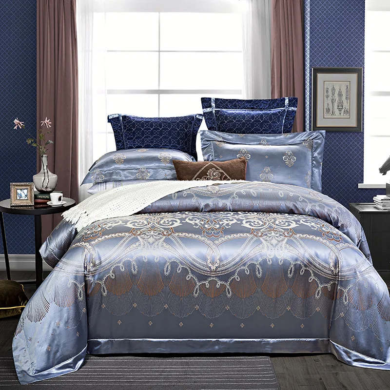2016 Queen size Rei 4 pcs cama De Luxo tributo cetim de seda Jacquard capa de edredão de linho conjunto de cama casamento Chinês vermelho azul
