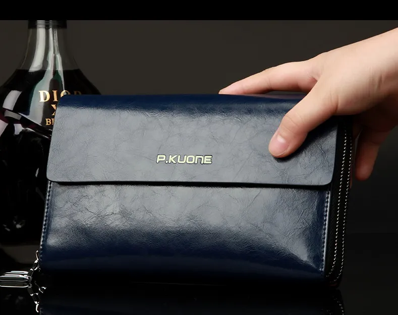 Hot Sale! Luxury Shining Oil Wax Cowhide leather Men Clutch Bag Long Leather men wallet Double Layer Business Clutch Bag 5