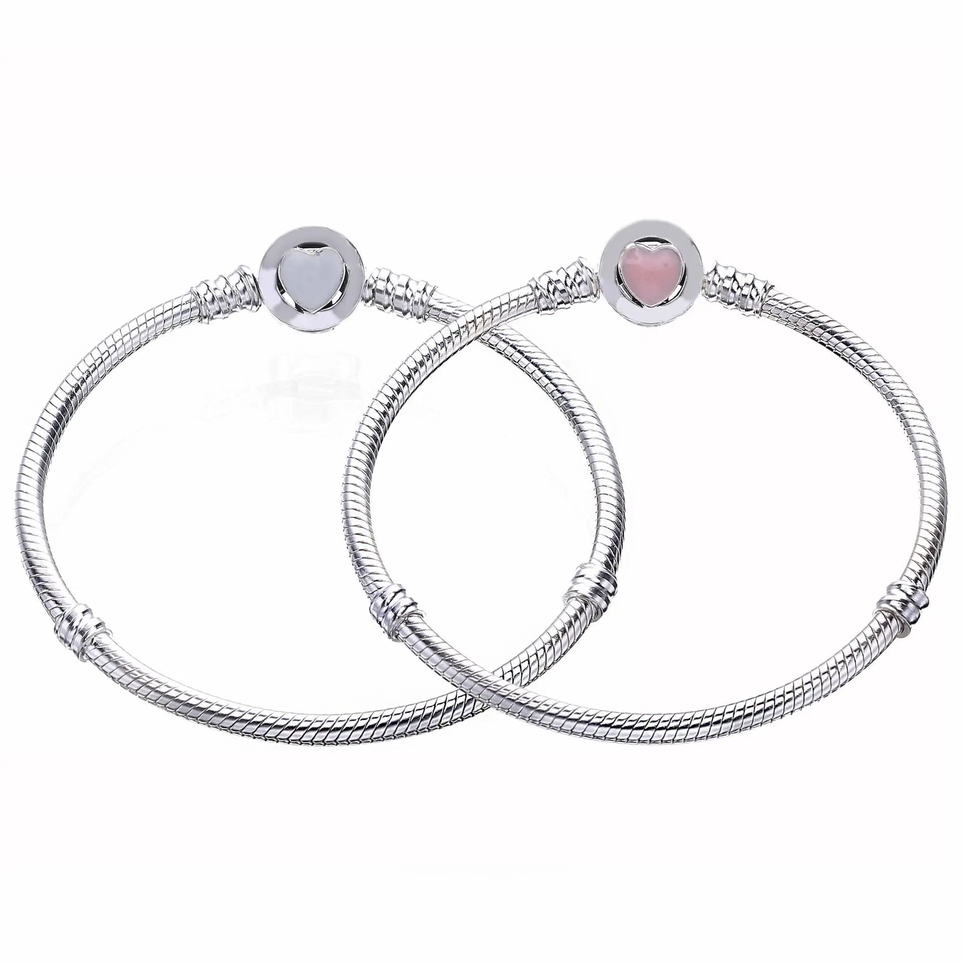 

Authentic 925 Sterling Silver Pink White Heart Clasp Snake Pandora Bracelet Bangle Fit Women Bead Charm Diy Jewelery