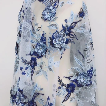 

LASUI 1 yard X0510 High-grade blue 3D flower beaded embroidered lace fabric heavy handmade clothing skirt dress fabric