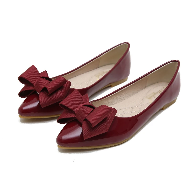 Silentsea/Женская обувь на плоской подошве; коллекция года; сезон весна-лето; обувь на плоской подошве с острым носком и бантом; босоножки без застежки; повседневная женская обувь с юбкой; большие размеры - Цвет: Wine red