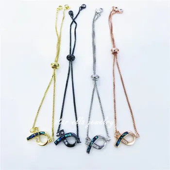 

10pcs/lot Stunning Bracelet Micro Pave CZ Black Abalone Shell Ribbon Charm Adjustable Link Bracelet Pulsera Jewelry