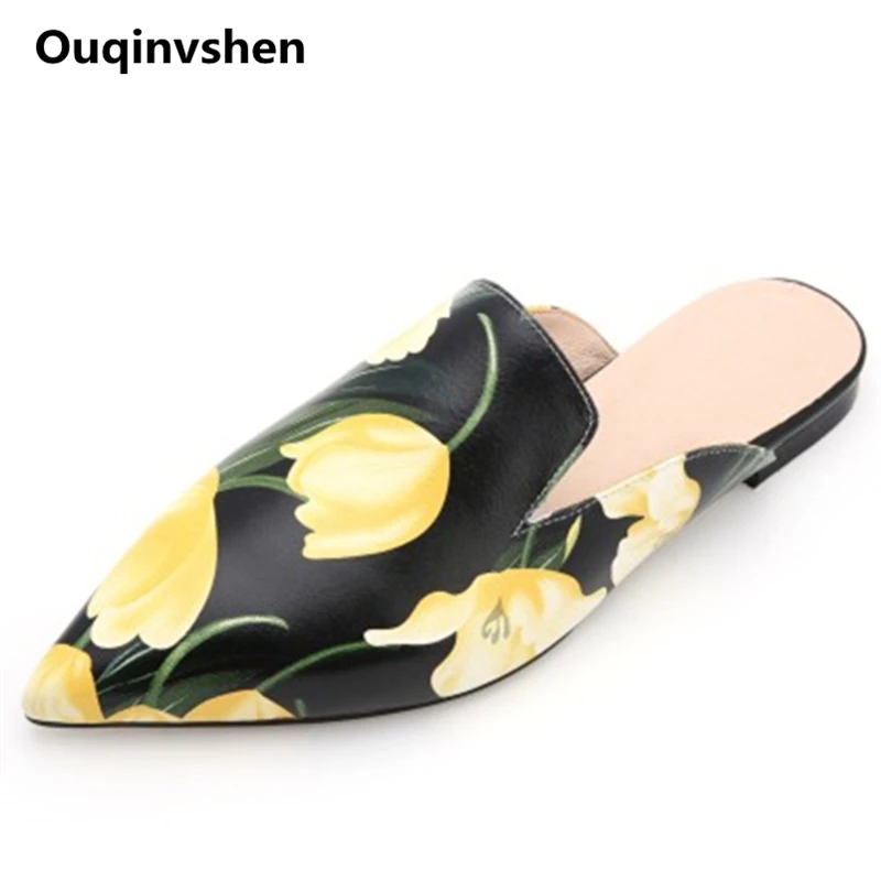 

Ouqinvshen Flower Fltas Shoes Women Yellow Plus Size 34-43 Mixed Colors Genuine Leather Slippers Women Fashion Mules Shoes Women