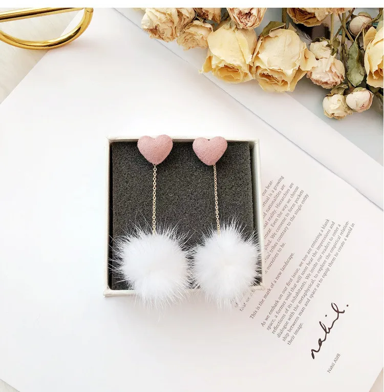 Korean Accessroies Soft Fur Ball heart PomPom Long Earrings11