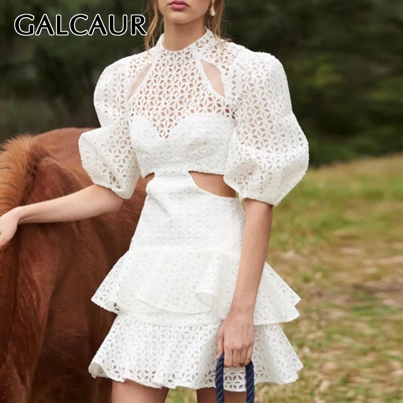 

GALCAUR Elegant Solid Hollow Out Dress For Women O Neck Half Sleeve High Waist Slim Mini Dresses Female Fashion 2019 Summer New