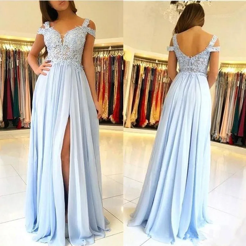

Classic Sky Blue Chiffon Prom Dress with Lace Appliques Split Front Backless Plus Size Formal Evening Gowns Custom Made Vestidos