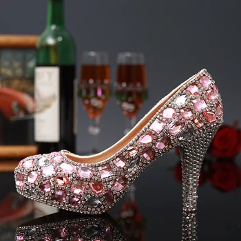 

Fuchsia and Green Wedding Shoes Crystal Lady Shoes Luxury Evening Party Shoes Round Toe Rhinestone Platform High-Heeled Shoes