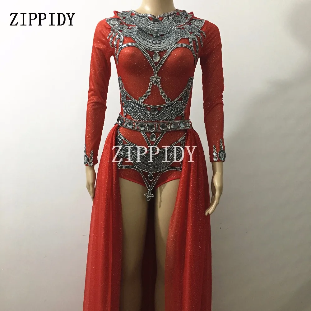 Shining Rhinestones Red Bodysuit Big Tail Outfit Set Stage Singer Dance Performance