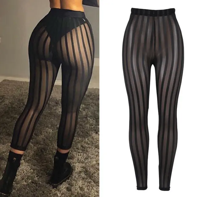 Sexy See Through Trousers 2019 Women Summer Cory Holiday Black Mesh Striped Pants Female Hot Elastic